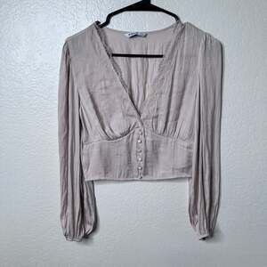 Cream Satin and Lace Button-Front Long Puff Sleeve Crop Top - S/M